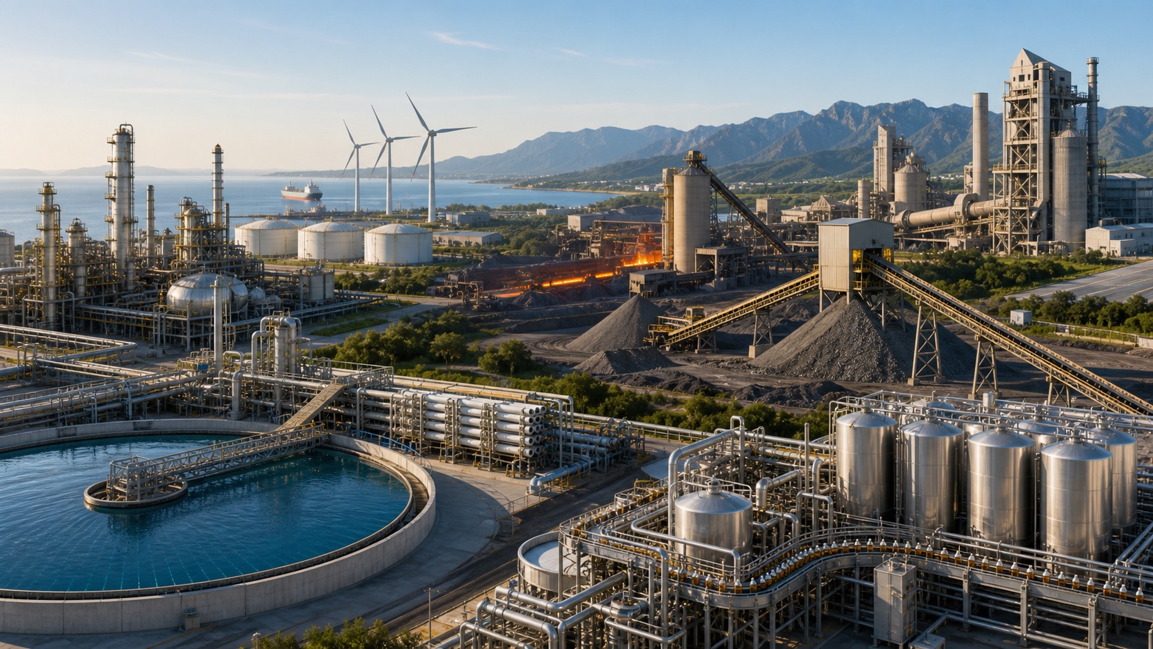 Industrial landscape with power generation, mining, steel, oil and gas, and process industry environments