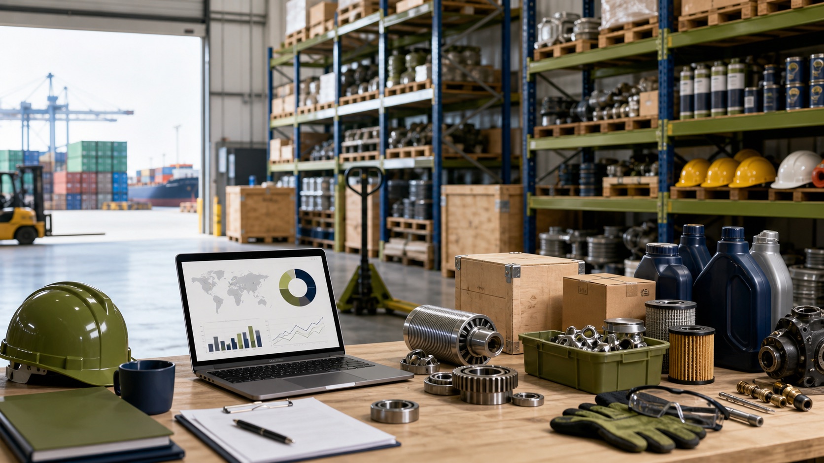MRO supply warehouse with spare parts, safety equipment, logistics materials, and procurement documents